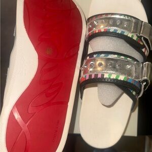 Christian Louboutin Silver and Multicolor Slide Sandals